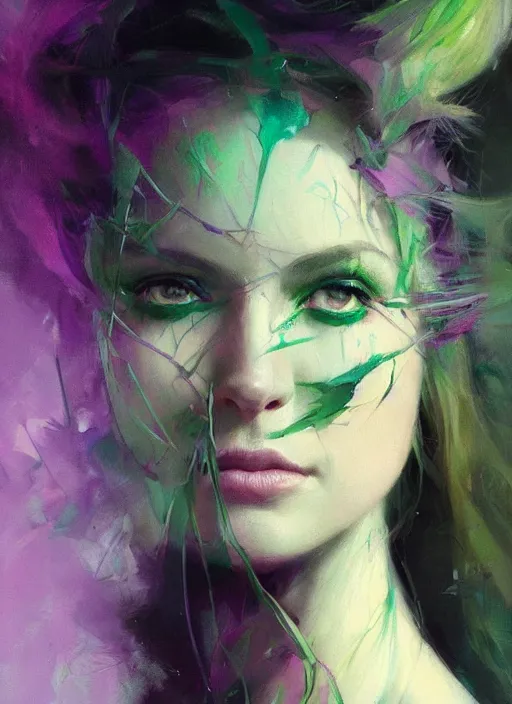 Image similar to purple and green colors, beautiful painting by jeremy mann, a female witch absurdly beautiful, elegant, ultrafine hyperrealistic detailed face illustration by wlop and artgerm and greg rutkowski, intricate linework, sharp focus, smooth, octopath traveler, final fantasy, unreal engine, dramatic lighting, ethereal, 8 k