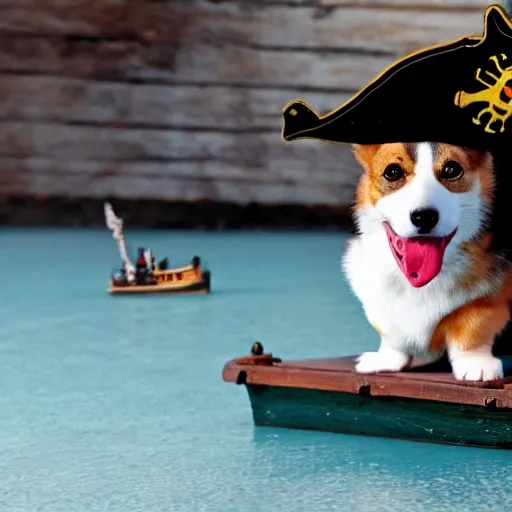 Image similar to a pirate corgi, corgi on a pirate ship in the sea