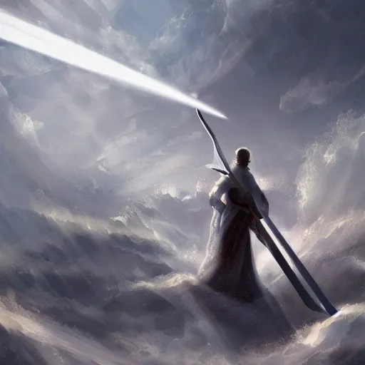 Image similar to a beacon of light descends from the clouds and refracts into ripples and shards of light energy in contact with the tip of a white fantasy sword wielded overhead by an archangel man on a medieval battlefield, artstation, deviantart, 8k, concept art, incredibly detailed art