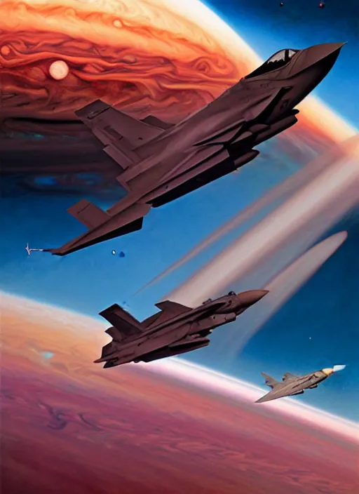 Prompt: poster artwork by michael whelan and tomer hanuka, a portrait, f 3 5 jets dogfighting in the clouds of jupiter, clean