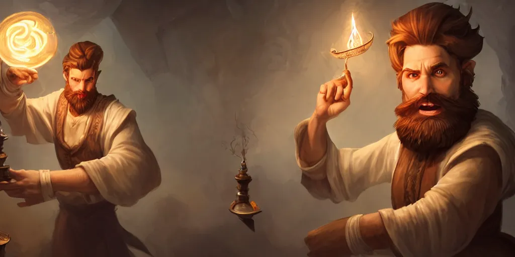 Image similar to a handsome bearded white male sorcerer with brown hair he is casting a spell, he is in a alchemist workshop filled with beakers and equipment, neutral pose, sharp focus, waist up, epic composition, 4 k, by rudy siswanto and anna podedworna