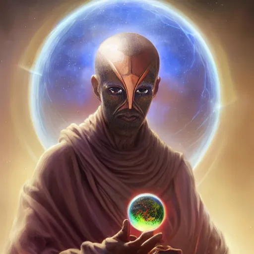 Image similar to male nomad wearing a cloak on an alien world and holding a holographic planet projection in his hand, covered face, detailed, sci - fi, digital painting, artstation, sharp focus, illustration, artgerm, tomasz alen kopera, peter mohrbacher, donato giancola, joseph christian leyendecker, wlop, frank frazetta