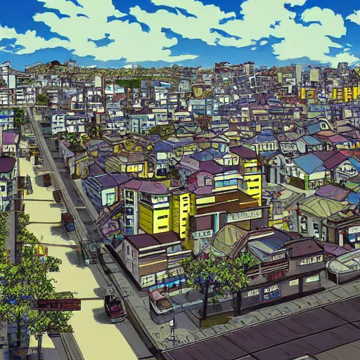 Image similar to japanese town, neighborhood, surreal neighborhood, street view, anime, modern neighborhood, japanese city, underground city, modern city, tokyo - esque town, 2 0 0 1 anime, cel - shading, compact buildings, sepia sunshine, yellow sunshine