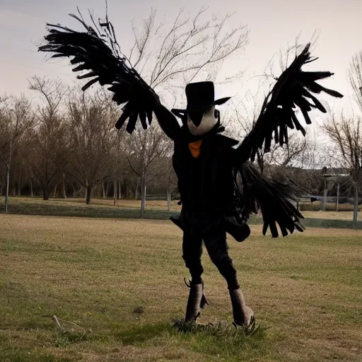 Prompt: a scarecrow doing a catwalk, famous, show, flashing lights, crows