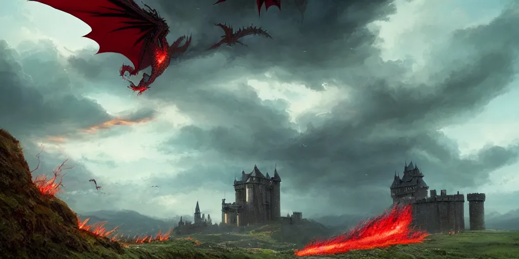 Image similar to A huge red dragon swoops past an imposing medieval castle, breathing fire, dark fantasy, stormy sky, lightning, digital art by Greg Rutkowski and Studio Ghibli