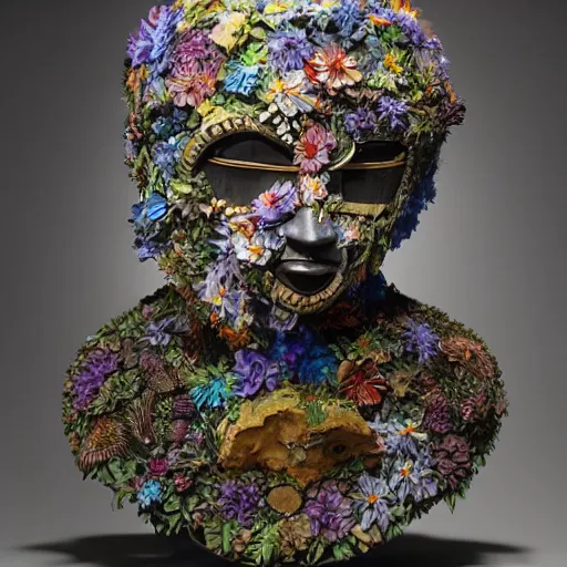 Image similar to a sculpture of a robot wearing a mask made of flowers, by annie swynnerton and diego rivera, symbolist, dramatic lighting, elaborate geometric ornament, art brut, soft cool colors, smooth, sharp focus, extremely detailed, adolf wolfli and dan munford