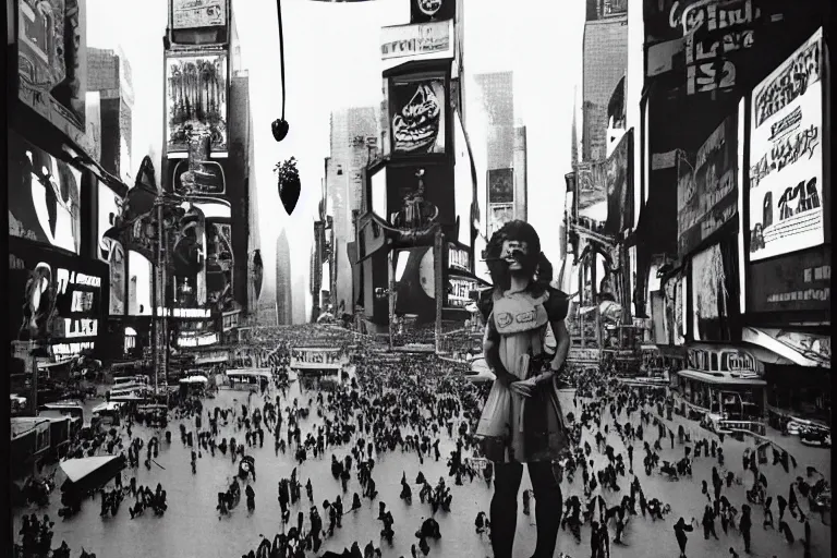 Image similar to an intricate, awe inspiring cyberpunk photograph of a girl with balloon, Times Square, by Ansel Adams ((black and white))