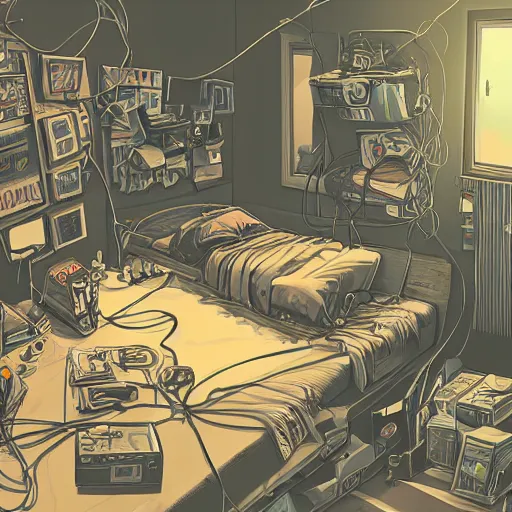 Image similar to a highly detailed illustration of a messy gamer's bedroom, tangled wires, dim lights, messy bed, a sink, cyberpunk, dystopian, artstation