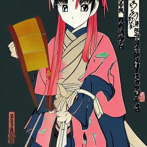 Image similar to anime samurai girl by takehito inoue, colorful