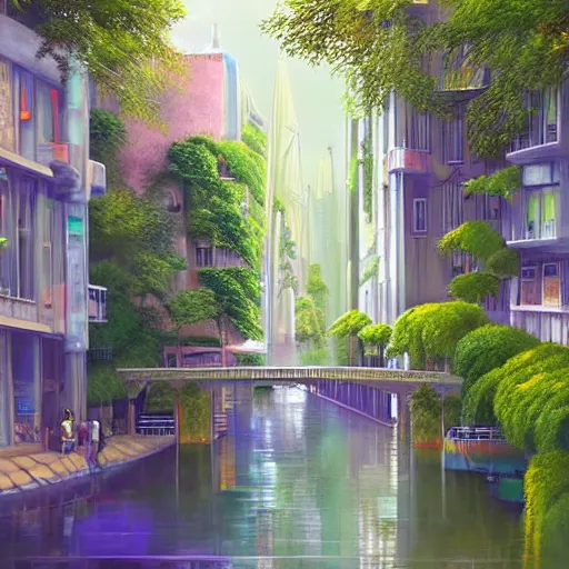 Prompt: Narrow cosy waterway in beautiful green futuristic sci-fi city in harmony with nature. Nice colour scheme, soft warm colour. Beautiful detailed painting by Lurid. (2022)