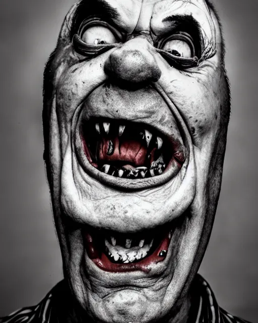 Image similar to portrait of an ugly old possessed clown crying. ugly, creepy, demonic, horror. cinematic lighting. photographic, photography. by justin roiland