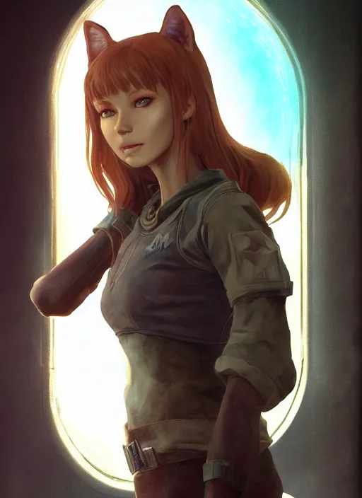 Image similar to detailed still of holo from spice and wolf in fallout, wolfgirl, detailed realistic face, digital art, by charlie bowater, by magali villeneuve, gorgeous lighting, unreal engine, movie composition