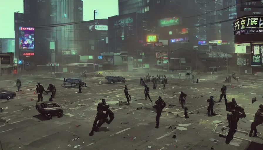 Prompt: 1994 Video Game Screenshot, Anime Neo-tokyo Cyborg bank robbers vs police, Set in Cyberpunk Bank Lobby, Multiplayer set-piece :9, Police officers under heavy fire, Police Calling for back up, Bullet Holes and Blood Splatter, :6 Smoke Grenades, Riot Shields, Large Caliber Sniper Fire, Chaos, Anime Cyberpunk, Anime Bullet VFX, Machine Gun Fire, Violent Gun Action, Shootout, Escape From Tarkov, Intruder, Payday 2, 8k :4 by Katsuhiro Otomo: 9