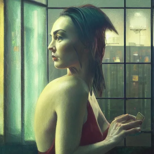 Image similar to detailed face of a woman, moment, cyberpunk cloisters, electronic billboards, tech noir, wet reflections, atmospheric, ambient, pj crook, livia prima, greg rutkowski, edward hopper