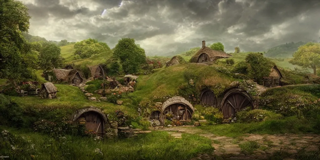Prompt: the shire, hobbits village. concept art. photorealistic. epic. cinematic. artstation.