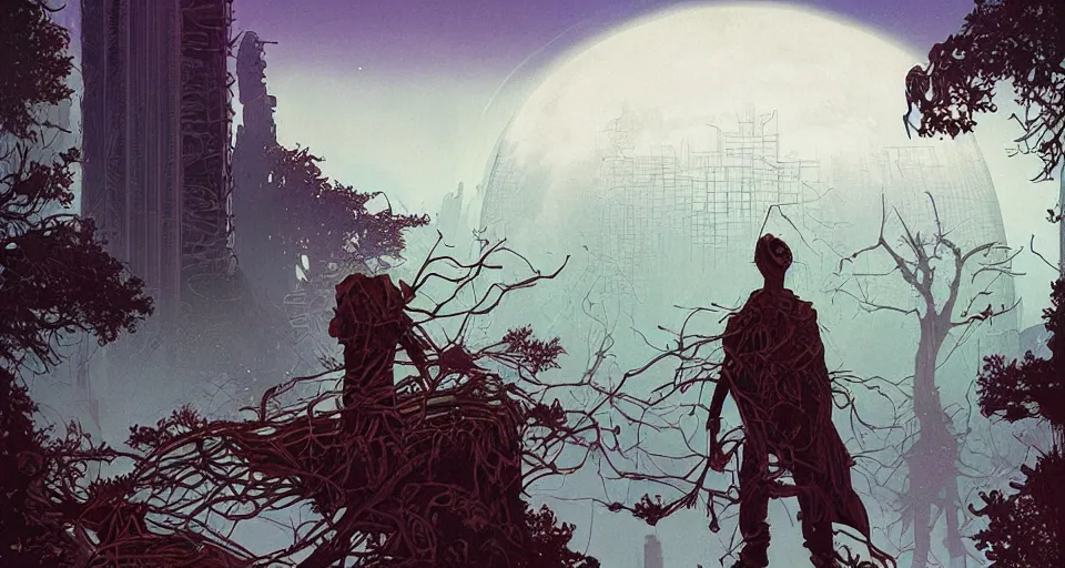 Prompt: poster artwork by michael whelan and tomer hanuka, portrait of druid in postapocalyptic city intertwined with nature and forest floating in in the clouds of jupiter, epic composition, clean, art deco