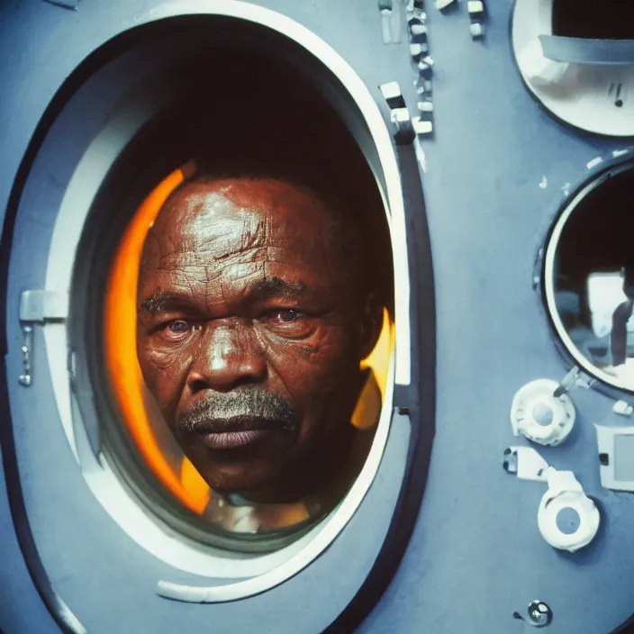 Prompt: analogue photo of an igbo tribal chief inside the orbiter of a space shuttle, looking at porthole window, close-up, colour, photo shot by martha cooper, 35mm,