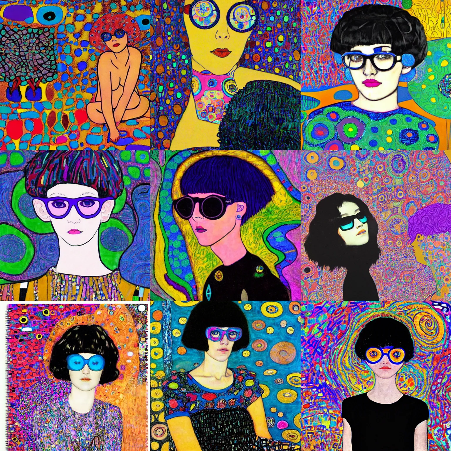Prompt: klimt style teenage black short shaggy bob haircut and big blue frame glasses girl, dressed in black, sitting over a colorful and bright trippy victor moscoso floor . lsd colorful bedroom, diary on her hand