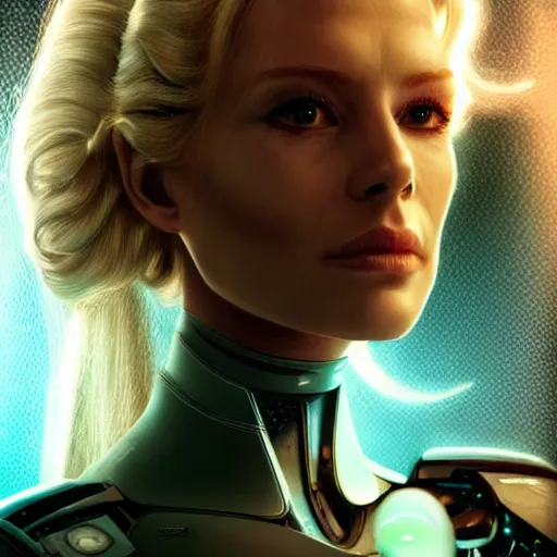 Image similar to wide angle shot of a very pretty blond borg queen on a borg ship, cybernetic implants, perfect face, symmetrical face, moody lighting, shallow depth of field, 8 k, ultra realistic,