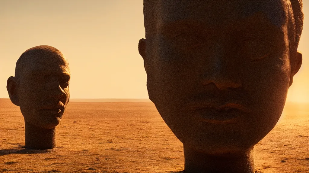 Image similar to the giant head at the office that, made of oil and water, film still from the movie directed by Denis Villeneuve with art direction by Salvador Dalí, golden hour