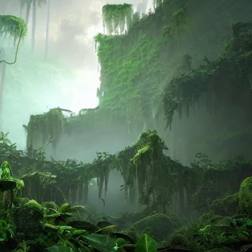 Image similar to a lost city in the jungle with vines and moss covering the ruins mysterious enigmatic unreal engine 4 k by iain mccaig and jan toorop