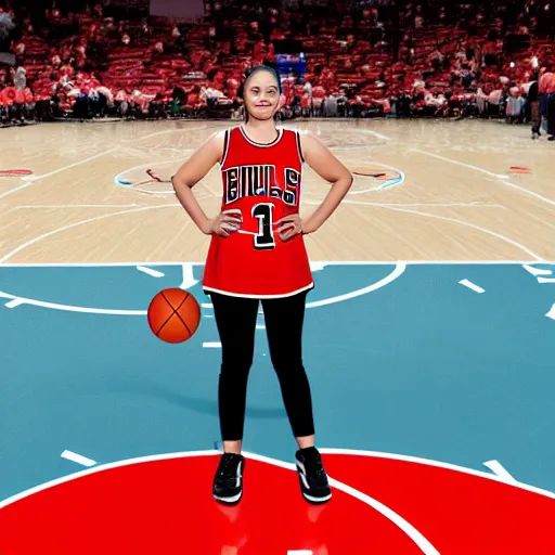 Image similar to woman on a basketball court in a chicago bulls jersey