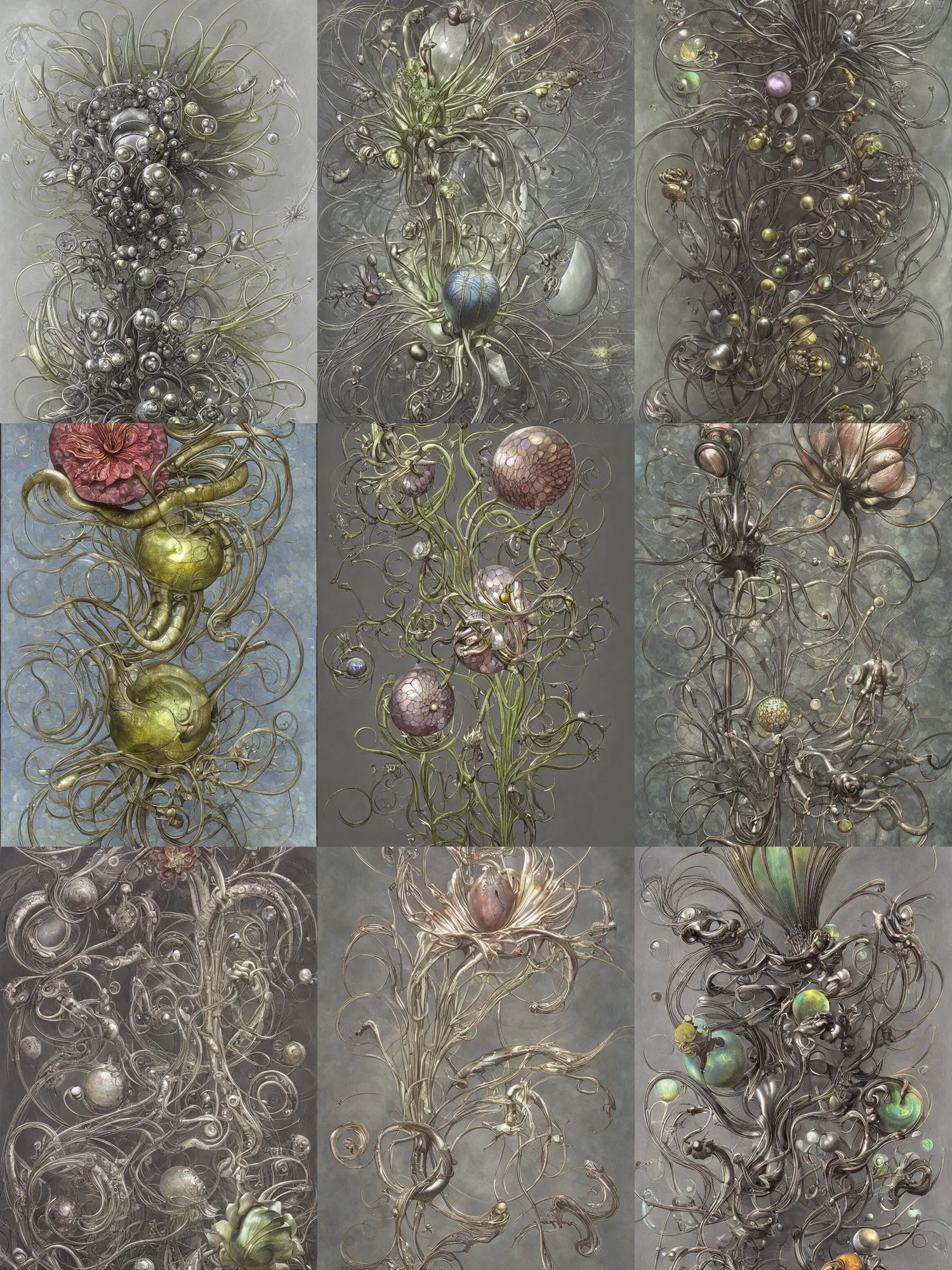 Prompt: a painting of a metallic flower on a gray background, an airbrush painting by Earnst Haeckel and Louis Comfort Tiffany and H R Giger, trending on zbrush central, cloisonnism, high detail, detailed painting, biomorphic, bubbles, opalescent, exotic, alien hybrids.