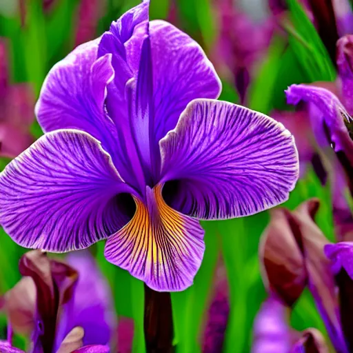 Image similar to Unique iris, luminous iris, smart, close-up, romantic, fairyland, exquisite, flowers open at night, fireflies, dreamlike picture, starlight, delicate and charming rose, bright picture tone, purple main color