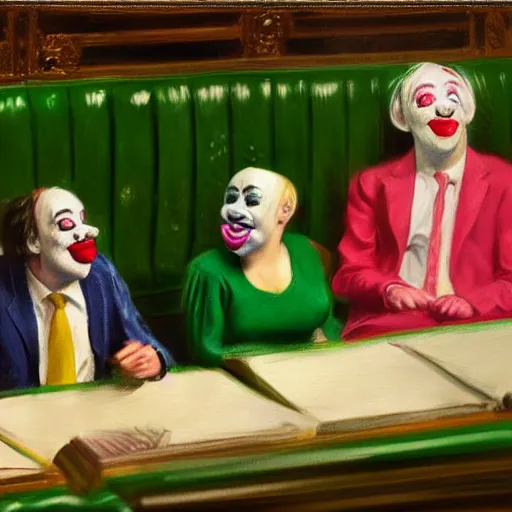 Image similar to a highly detailed beautiful portrait close up hyper realistic photograph of british members of parliament in the house of commons wearing pastel coloured clown costumes with pleasant oversized joyful faces, they are smoking. without visible brushstrokes but in the style of edward hopper, richard hamilton. concept art. green leather benches. photographic. concept. crisp. no artefacts. desaturated. high fidelity facial portrait. 8 k