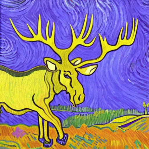 Prompt: purple moose, painting, artwork by van gogh