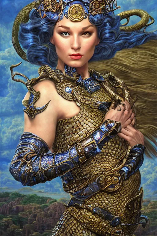 Prompt: Mystical Valkyrie, Portrait of a beautiful female Atlantean Reptilian Warrior, Realistic, Regal, Refined, Detailed Digital Art, Michael Cheval, Walt Disney (1937), François Boucher, Oil Painting, Steampunk, Highly Detailed, Cinematic Lighting, Unreal Engine, 8k, HD