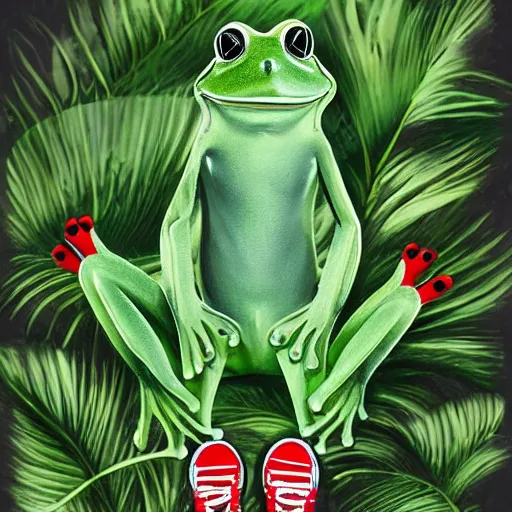 Image similar to green frog, red sneakers on each paw, tropical forest, photorealistic