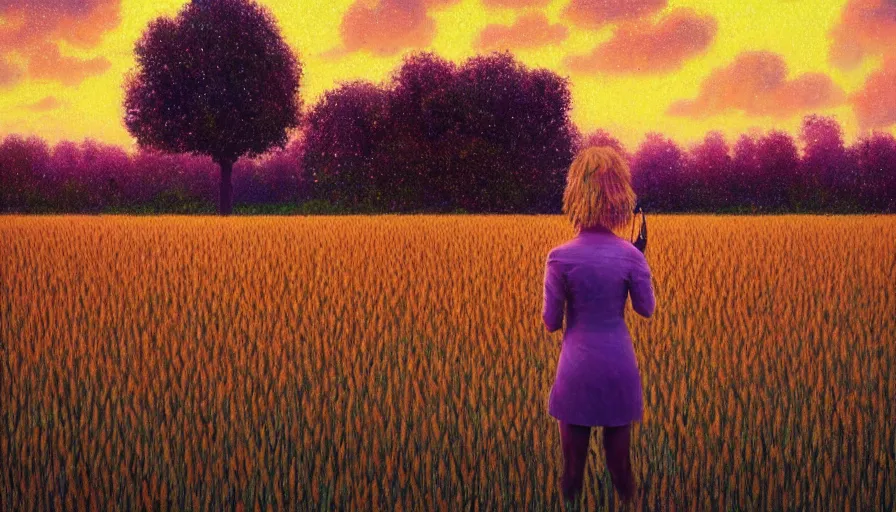 Image similar to flower face, full body, girl in empty wheat field, surreal photography, colorful clouds, tree, impressionist painting, colorful clouds, digital painting, pointillism, sunset, artstation, simon stalenhag