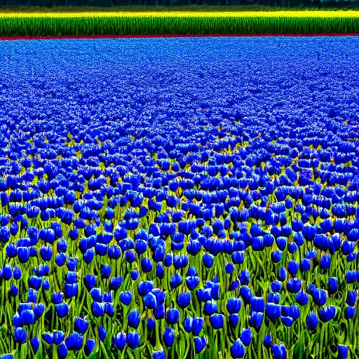 Image similar to A 4k photo of a field of tulips, blue skies, high contrast, early morning