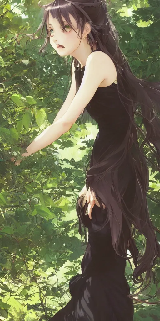 Prompt: a loli with long hair in a black dress in the privet garden at after noon, green and warm theme, back lighting, by krenz cushart and mucha and akihito yoshida and greg rutkowski and makoto shinkai, extremely long shot, detailed eyes, 4 k resolution, highly detailed, trending on art station