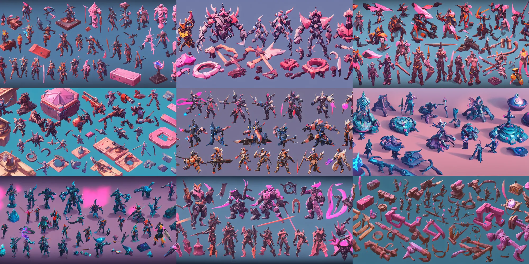 Prompt: game asset of kitbash 3 d modular packs, in gouache detailed paintings, props, stylized, 2 d sprites, kitbash, arcane, overwatch, blue and pink color scheme, 8 k, close up