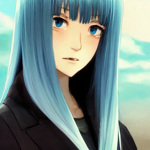 Image similar to profile shot of rimuru tempest, sky blue, straight hair, long bangs, amber eyes, wearing a black jacket with white stripes, high collar, highly detailed, unreal engine 5, digital painting, cinematic, wlop | artgerm, pixiv, yoshitaka amano, greg rutkowski, ilya kuvshinov, andy warhol