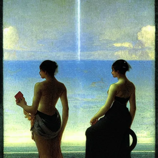 Image similar to Silhouette of two girls at the palace, thunderstorm, greek pool, beach and palm trees on the background major arcana sky, by paul delaroche, alphonse mucha and arnold böcklin arnold böcklin hyperrealistic 8k, very detailed