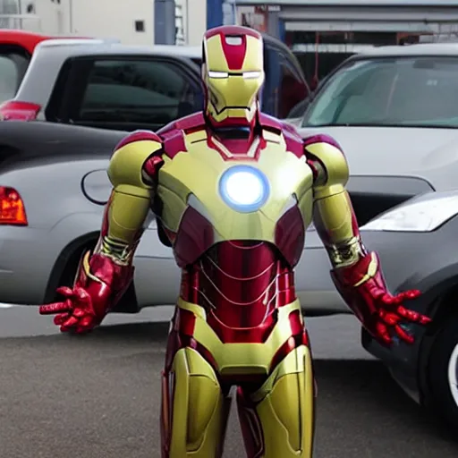 Prompt: iron man at the local car wash