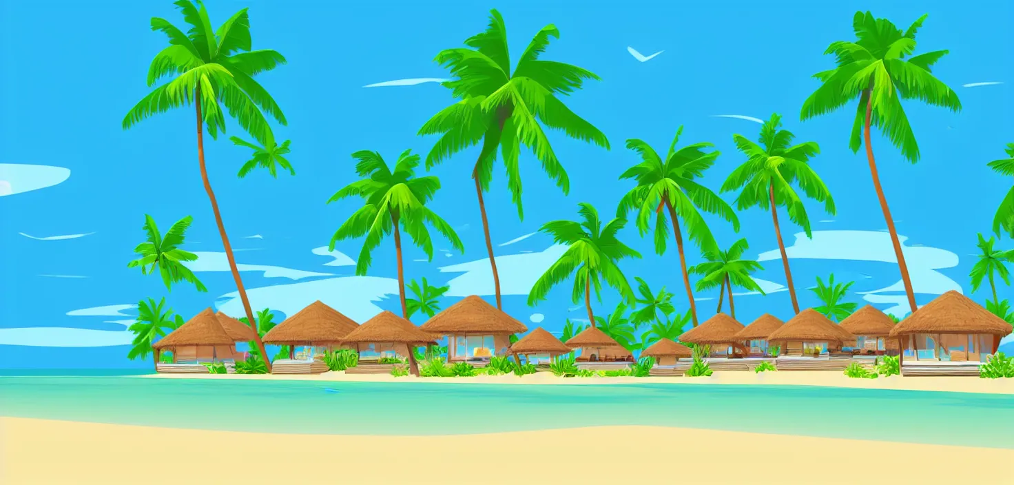 Image similar to modern bungalows on island resort beach, tropical summer landscape with houses on piles with terrace, palm trees, vector art, flat art