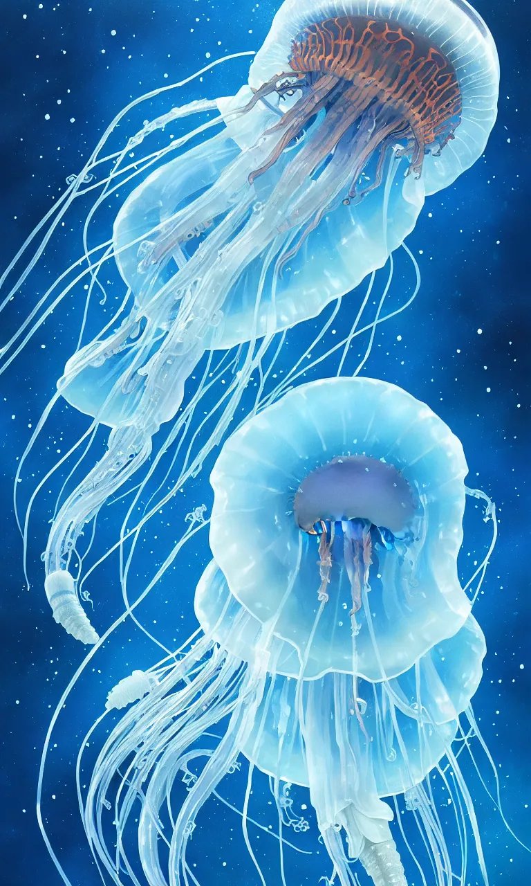 Image similar to detailed jellyfish in space, blue tones, underwater, full frame, highly detailed, digital painting, artstation, concept art, smooth, sharp focus, illustration, art greg rutkowski and alphonse mucha