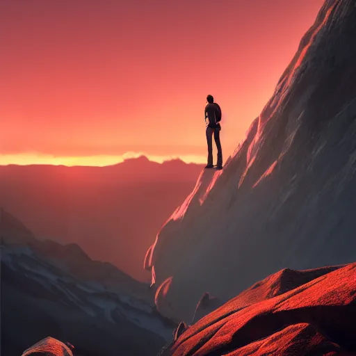 Prompt: young man facing the desperate and endless call of the void, mountain top above clouds, beautiful sunset, unreal 5 render, vivid colors, high detail, studio ghibli, digital art, octane render, beautiful composition, trending on artstation, award - winning photograph, masterpiece