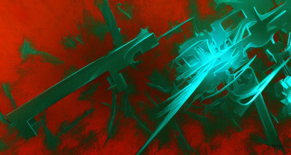 Prompt: 3 d concept art sheet of weapons. by ( rembrandt painting ( 1 0 0 ) ( fractal flame ) ), highly detailded, turquoise rust