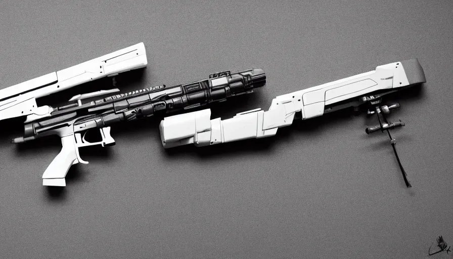 Prompt: extremely detailed realistic side view of a sci fi bullpup gauss rifle, detailed pistol trigger, chemically propelled, massive battery, smooth streamline, side fed, railgun, chemrail, gauss, elegant sleek smooth body, white paint, sleek utopian design, ultra high quality, photograph, octane, call of duty, warframe, terminator