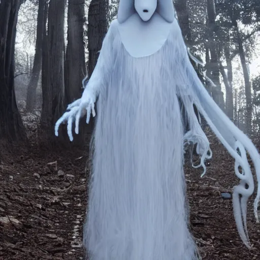 Prompt: ethereal ghostly live action muppet ghost like figure with a parasitic squid head taking over its own with four long tentacles for arms that flow gracefully at its sides like a cloak, it has a long fluffy snake tail it slithers around on, it stalks around frozen forests searching for lost souls to consume, hides in the shadows of trees, this character uses hydrokinesis and electrokinesis, it is a real muppet by sesame street, photo realistic, real, realistic, felt, stopmotion, photography, sesame street, monsters inc pixar