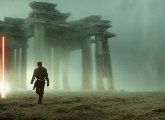 Prompt: epic still of Han Solo using lightsaber in foggy environment, approaching an ancient temple in the distance, iconic scene from the 1980s film directed by Stanley Kubrick, cinematic lighting, kodak film stock, strange, hyper real, stunning moody cinematography, with anamorphic lenses, crisp, detailed portrait, 4k image