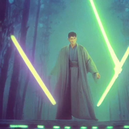 Prompt: 35mm film still jedi training with laser sword on an epic mountain, blade runner set in a rainy tropical forest, cool colors, moody, by Alex grey