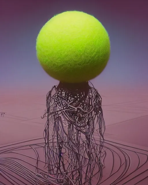 Image similar to portrait of Tennis Ball Monster intricate abstract. intricate artwork. by Tooth Wu, wlop, beeple, dan mumford. mulholland drive by david lynch, dune by david lynch, octane render, trending on artstation, greg rutkowski very coherent symmetrical artwork. cinematic, hyper realism, high detail, octane render, 8k, iridescent accents