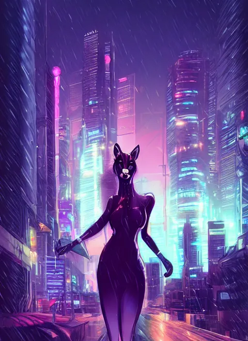 Prompt: beautiful portrait commission of a female furry anthro mountain lion wearing a dress. Cyberpunk city at night in the rain. Neon light. Atmospheric. Character design by charlie bowater, ross tran, artgerm, and makoto shinkai, detailed, inked, western comic book art