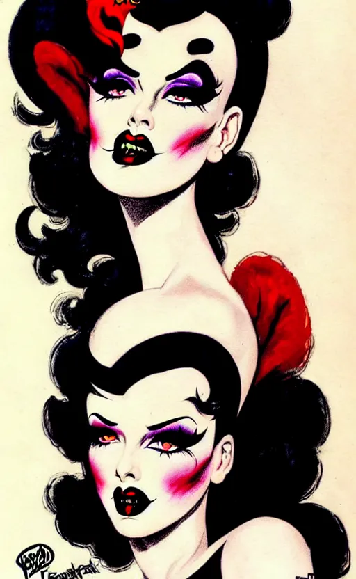 Image similar to burlesque psychobilly, rockabilly, punk, goth girl with a detailed face and black hair, white background, illustration by frank frazetta